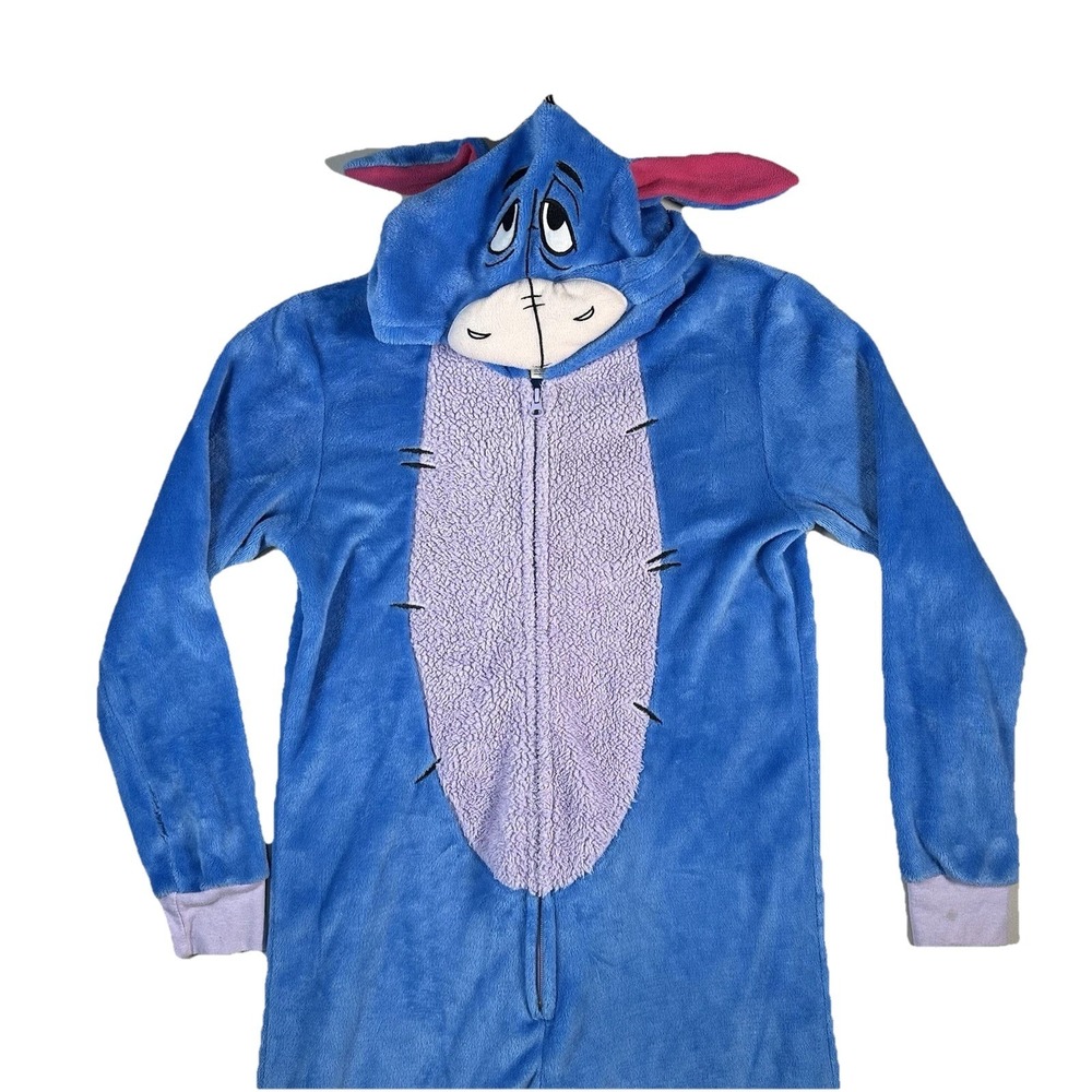 Disney Eeyore Hooded Union Suit Blue Plush Pajamas Medium‎ 8-10